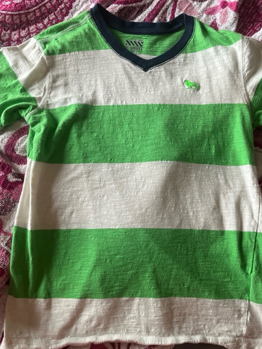 Old Navy Green & White Striped Short-Sleeve Tee with Navy V-Neck Trim